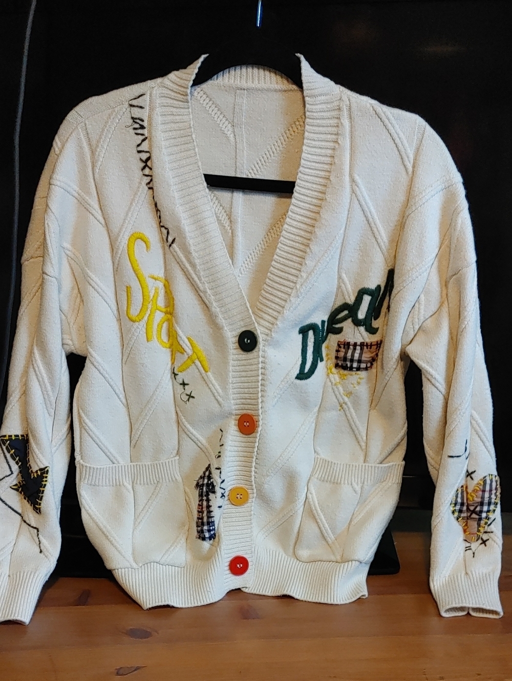 Cream Embroidered Button-Front Cardigan with Multicolor Buttons